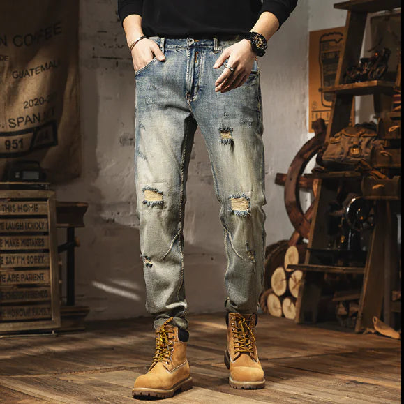 Jeans Ajustados Vintage Desgastados para Hombre