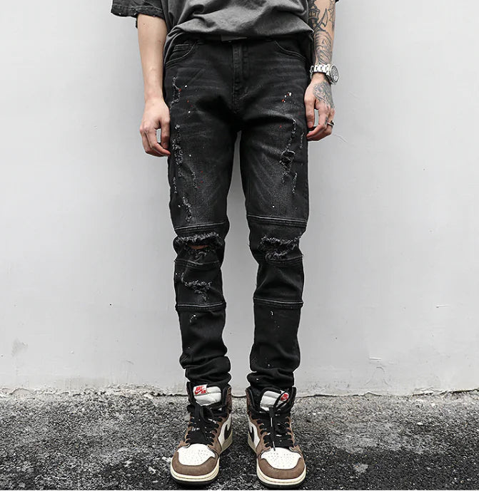 Vintage Wash Distressed Paint Splatter Slim Jeans