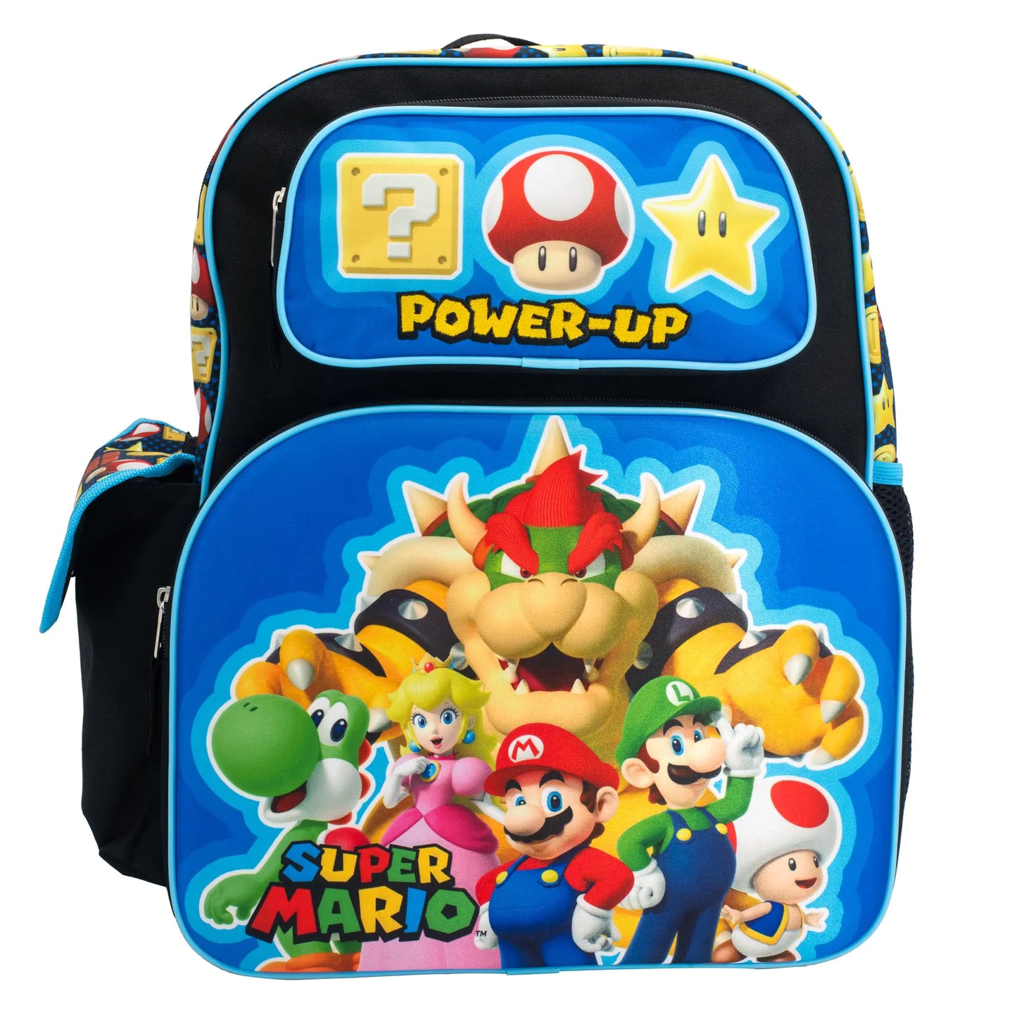 AI ACCESSORY INNOVATIONS Super Mario Brothers Backpack 16" Schoolbag with 3D Molded front pocket featuring Super Mario Characters Mario Lugi Princess Peach Yoshi & Boswer.