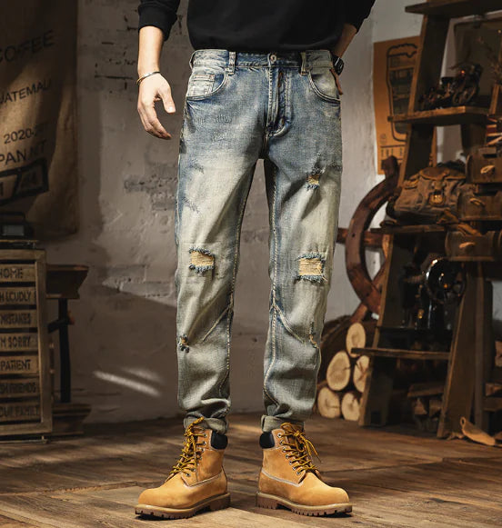 Jeans Ajustados Vintage Desgastados para Hombre