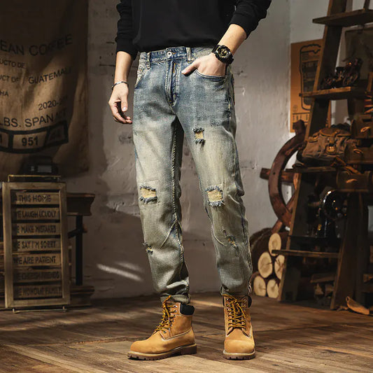 Jeans Ajustados Vintage Desgastados para Hombre