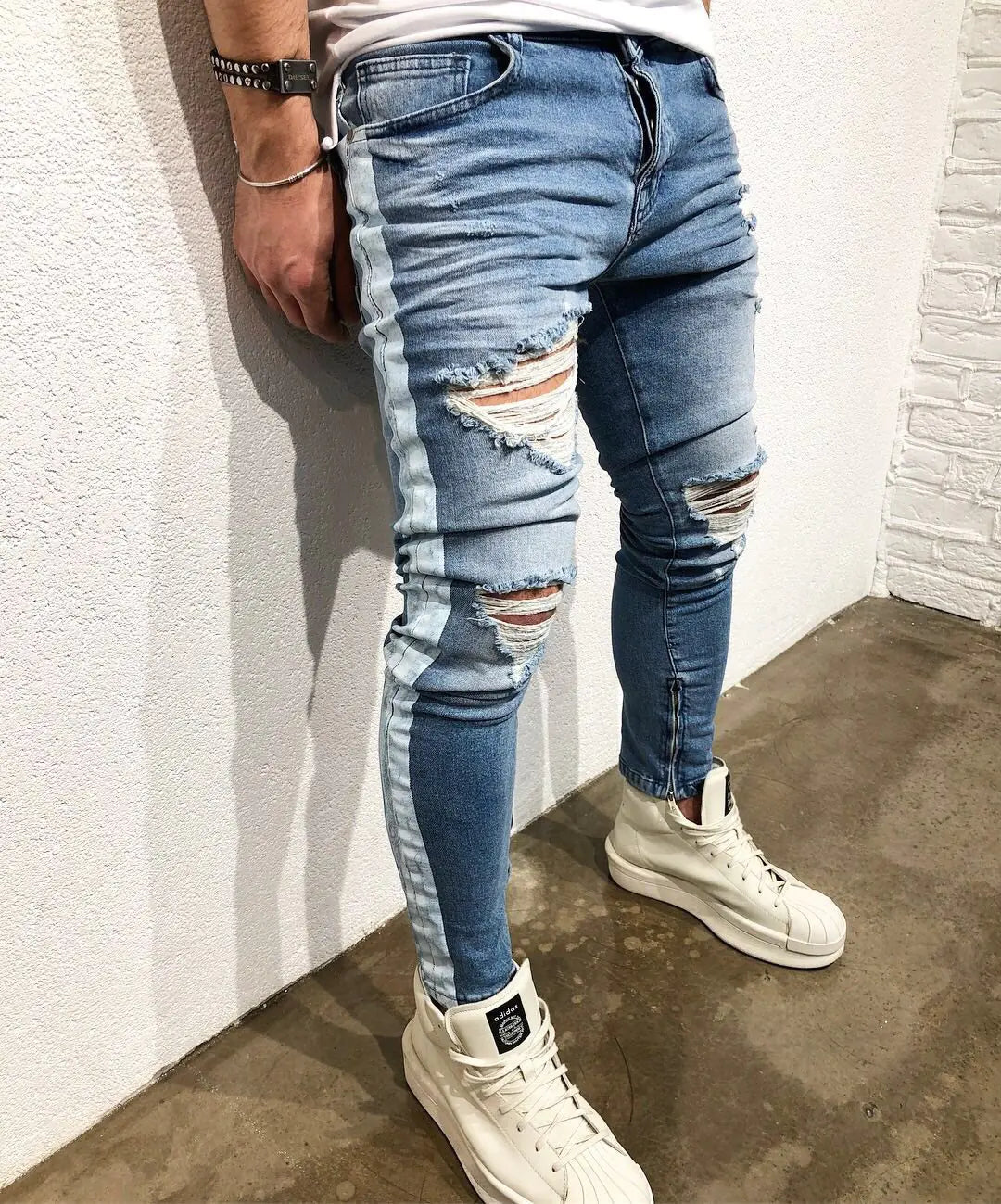 Jeans de Denim Azul Desgastado de Corte Slim para Hombre