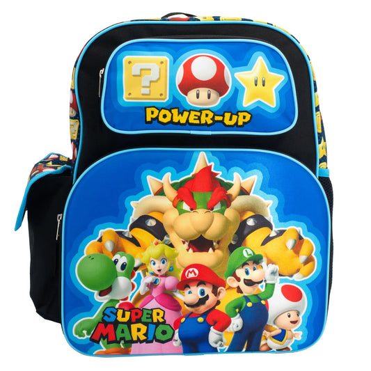 AI ACCESSORY INNOVATIONS Super Mario Brothers Backpack 16" Schoolbag with 3D Molded front pocket featuring Super Mario Characters Mario Lugi Princess Peach Yoshi & Boswer.