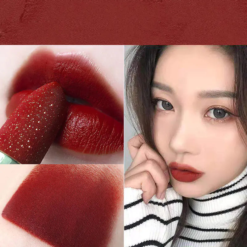 Hidratante de Maquillaje Rojo Mate de Terciopelo con Diamante Dorado Estrella