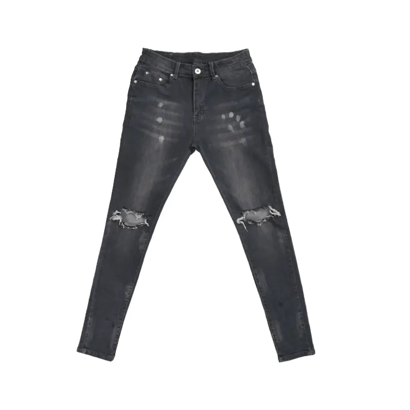 Jeans Ajustados Grises Desgastados con Diseño de Salpicaduras de Pintura