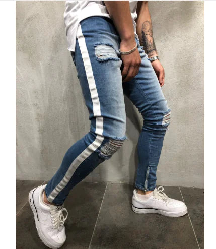 Jeans de Denim Azul Desgastado de Corte Slim para Hombre