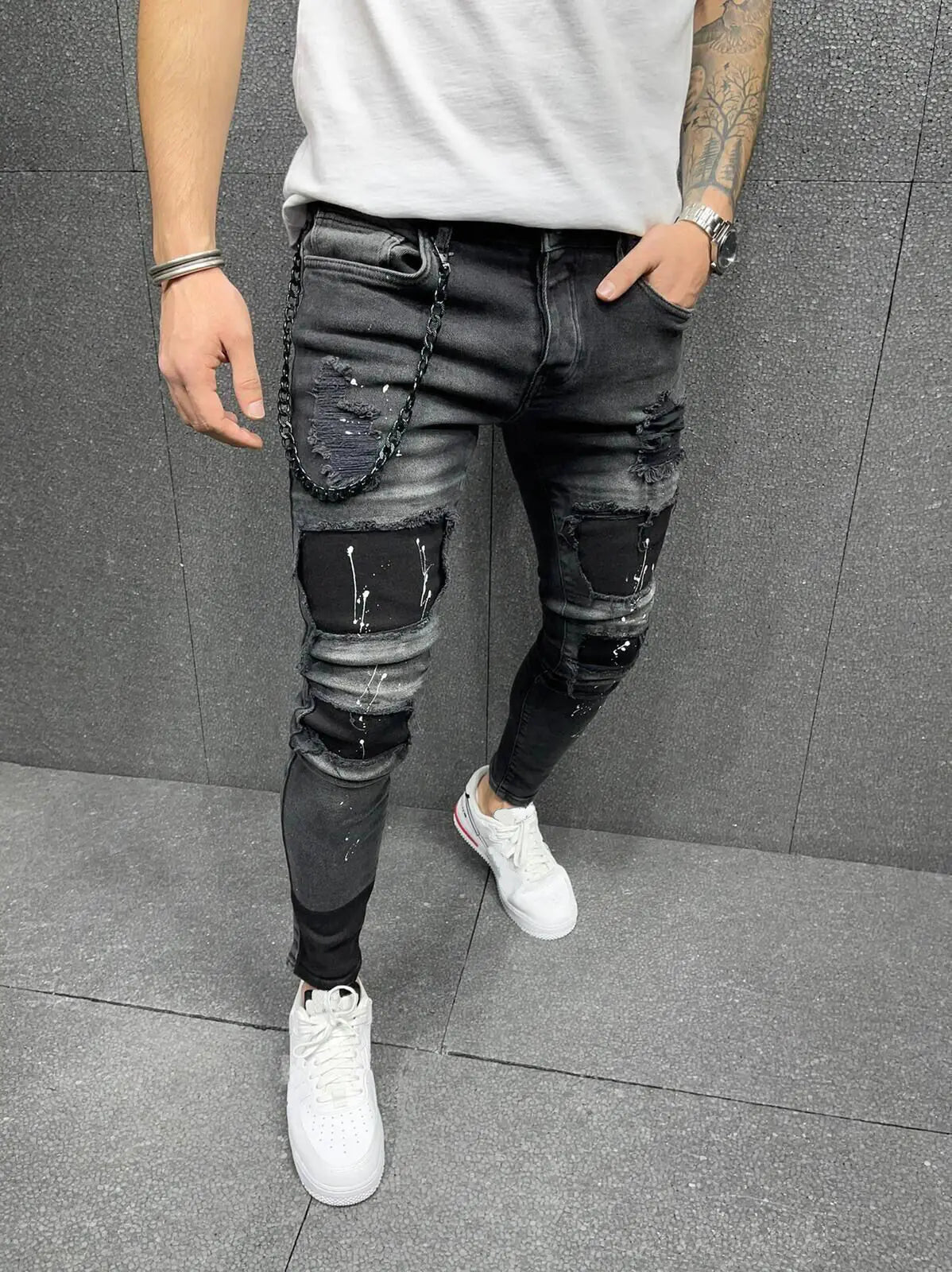 Vintage Wash Distressed Paint Splatter Slim Jeans