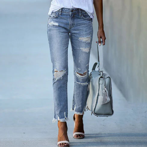 Jeans de Mezclilla Desgastados y Deshilachados Slim Fit (Una Pieza)
