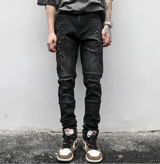 Vintage Wash Distressed Paint Splatter Slim Jeans