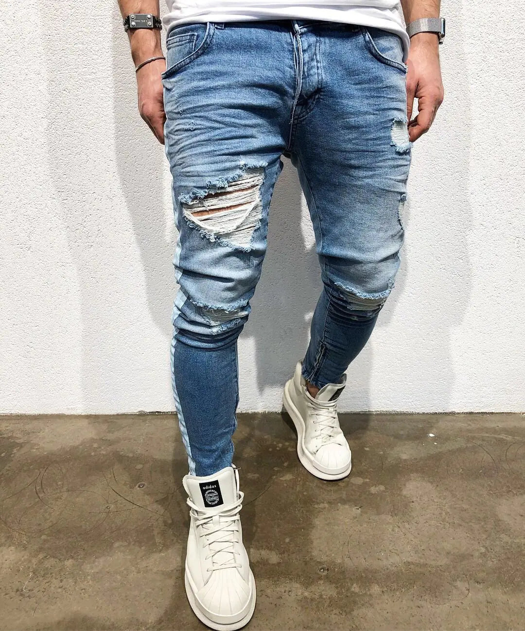 Jeans de Denim Azul Desgastado de Corte Slim para Hombre